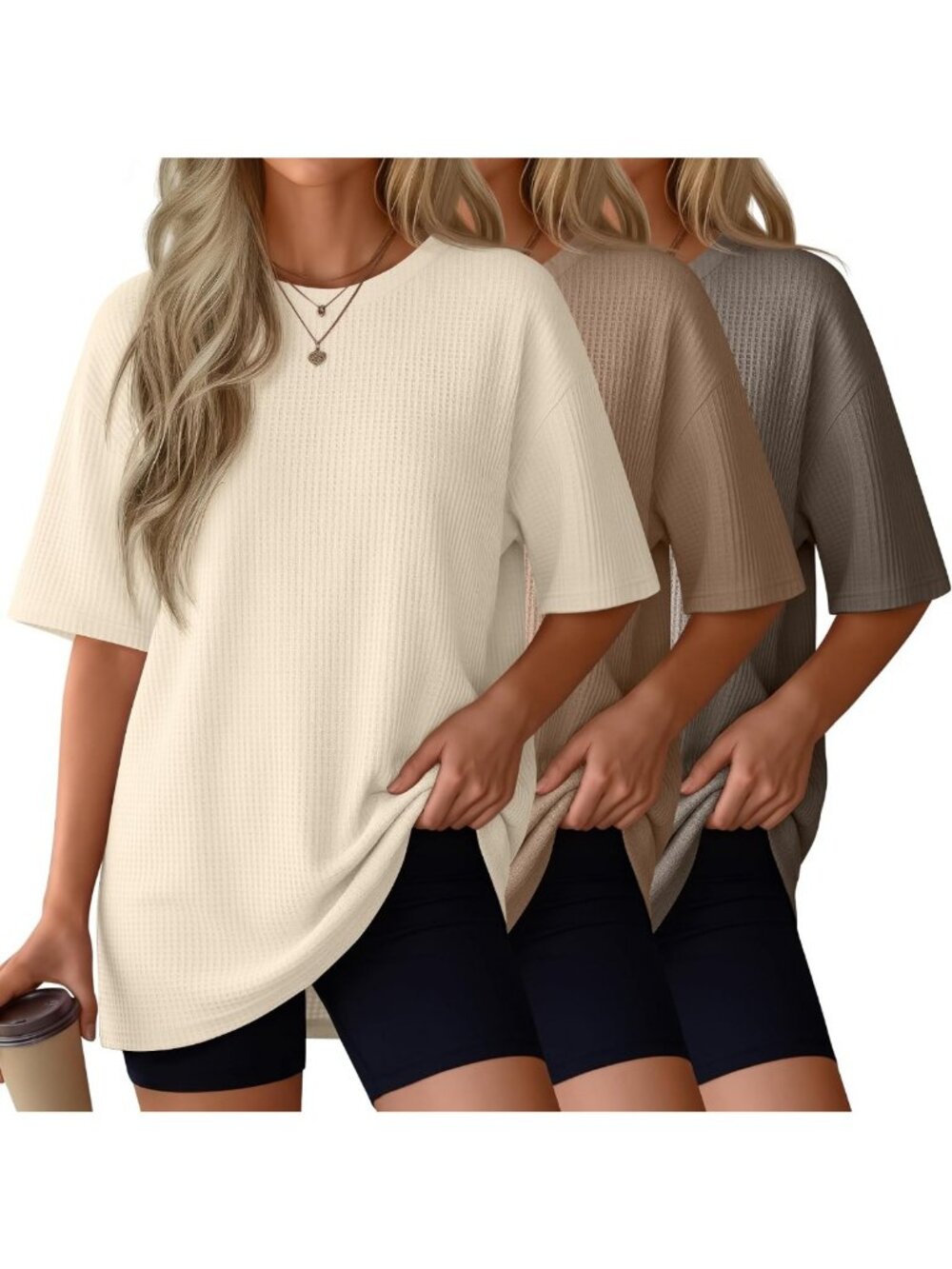 Cozy 3-Pack Women's Waffle Knit T-Shirts - Soft, Casual, Versatile Tops